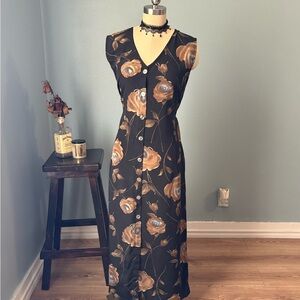 Sleeveless Black Floral Button-Front Maxi Dress